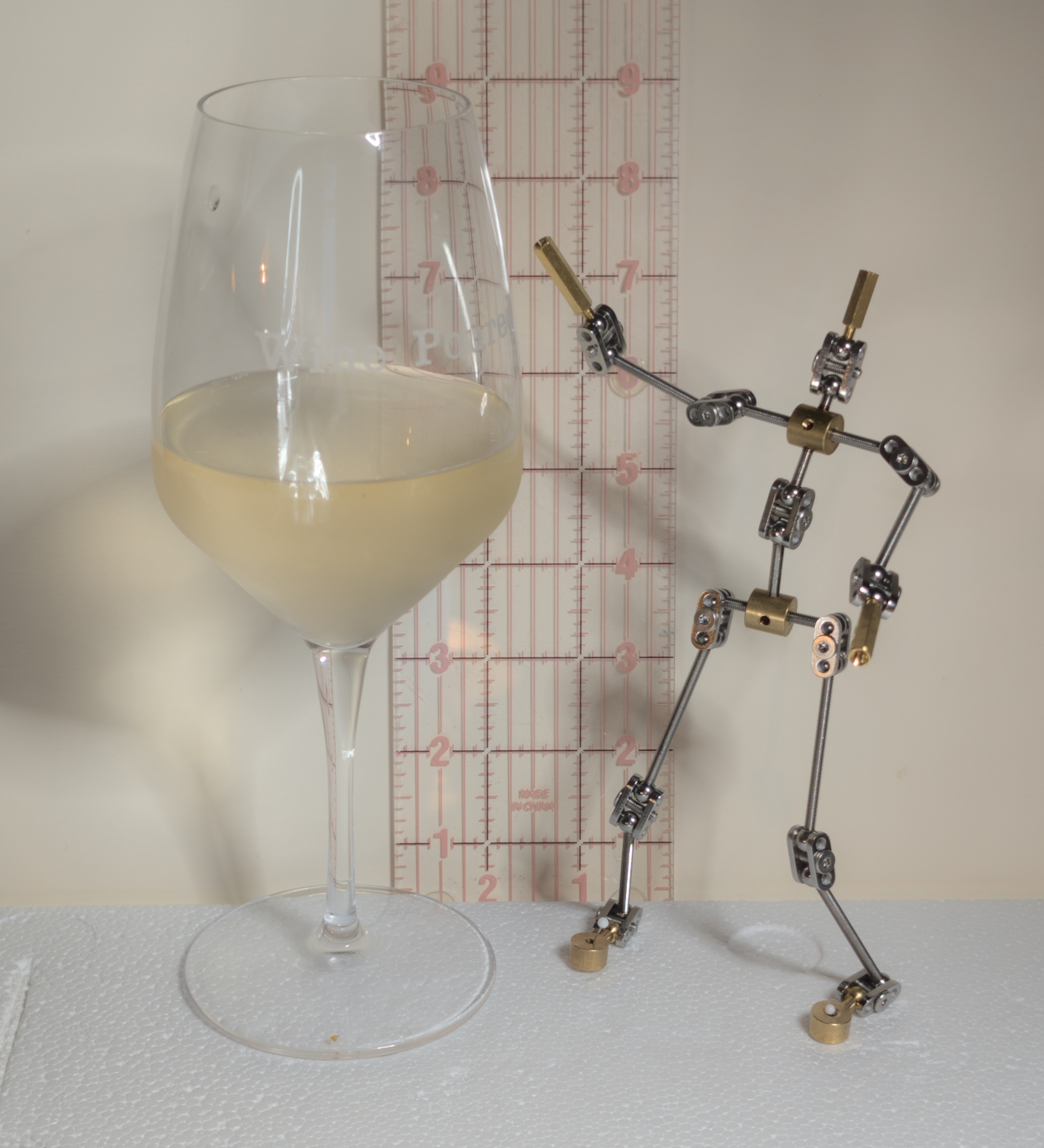 glass of wine, ruler, and assembled armature